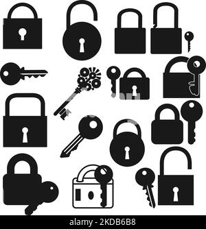 A digital illustration set of silhouettes of locks and keys isolated on a white background Stock Vector