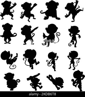 A digital illustration set of silhouettes of cute monkeys isolated on a white background Stock Vector
