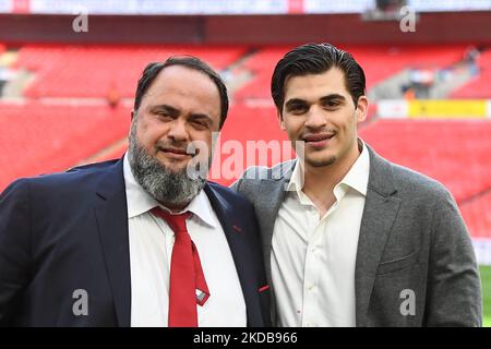 Nottingham Forest owner, Evangelos Marinakis and Miltiadis Marinakis of Nottingham Forest during the Sky Bet Championship Play-Off Final between Huddersfield Town and Nottingham Forest at Wembley Stadium, London on Sunday 29th May 2022. (Photo by Jon Hobley/MI News/NurPhoto) Stock Photo