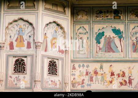 Wall art displaying the characteristic level of detail shown by traditional Indian miniature painting Stock Photo