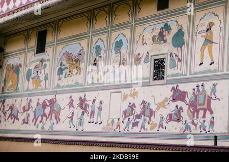 Wall art displaying the characteristic level of detail shown by traditional Indian miniature painting Stock Photo