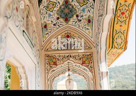 Wall art displaying the characteristic level of detail shown by traditional Indian miniature painting Stock Photo