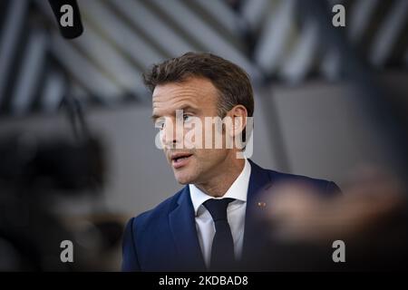 Emmanuel Macron President of the Republic of France talks to the media after the end of the 2-day extraordinary special EU summit about Ukraine, Energy and Defense, agreeing on a sixth wave of sanctions against Russia and Russian oil exports with special pipeline exemptions to Hungary. Meeting of the 27 EU leaders at the European Council in Brussels, Belgium on May 31, 2022 (Photo by Nicolas Economou/NurPhoto)