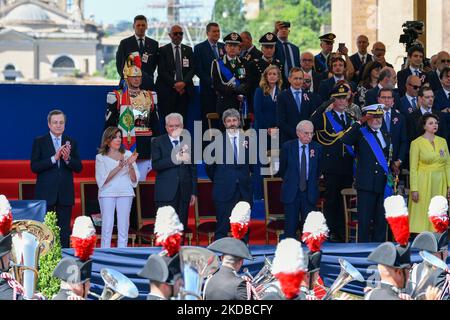 Sergio Mattarella during the Military parade to celebrate the 76th anniversary of the proclamation of the Italian Republic (Republic Day), on June 2, 2022 in Rome, Italy. This year marks the 76th anniversary of the Italian Republic with the return of the military parade, cancelled for the last two years due to Covid-19 pandemic. (Photo by Riccardo Fabi/NurPhoto) Stock Photo