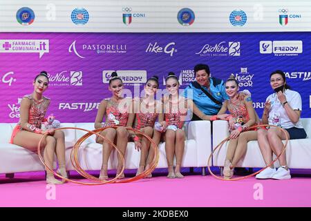 Kazakistan (KAZ) 5 hoops group team during the Gymnastics Rhythmic Gymnastics FIG World Cup 2022 on June 03, 2022 at the Vitrifrigo Arena in Pesaro, Italy (Photo by Gianluca Ricci/LiveMedia/NurPhoto) Stock Photo