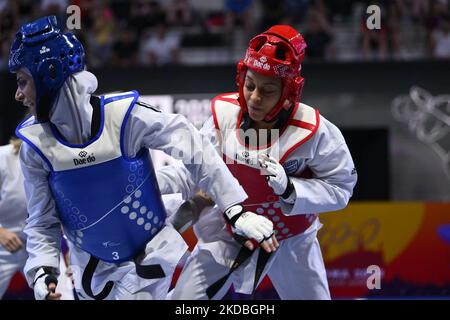 Julyana AL-SADEQ (JOR) vs Magda WIET HENIN (FRA) during the final -67Kg round of World Taekwondo Grand Prix at Foro Italico, Nicola Pietrangeli Stadium, 4th June 2022, Rome, Italy. (Photo by Domenico Cippitelli/LiveMedia/NurPhoto) Stock Photo