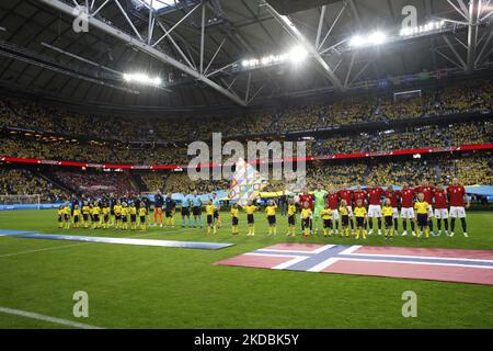 Norway’s National Team and Swedish National Team during the national song at Sunday's football match in the Nations League, division B, group 4, between Sweden and Norway at the Stadium Friends Arena in Solna. (Photo by Reinaldo Ubilla/NurPhoto) Stock Photo