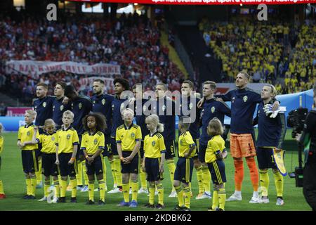 Norway’s National Team and Swedish National Team during the national song at Sunday's football match in the Nations League, division B, group 4, between Sweden and Norway at the Stadium Friends Arena in Solna. (Photo by Reinaldo Ubilla/NurPhoto) Stock Photo