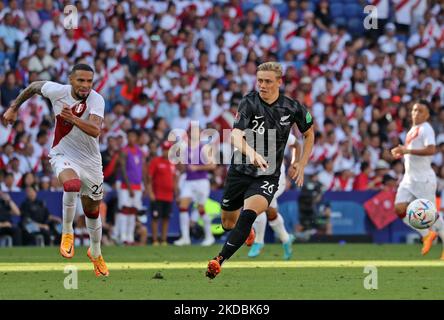 Alexander Callens and Ben Waine during the friendly match between Peru and New Zeland, played at the RCDE Stadium, in Barcelona, on 05th June 2022. (Photo by Joan Valls/Urbanandsport /NurPhoto) Stock Photo