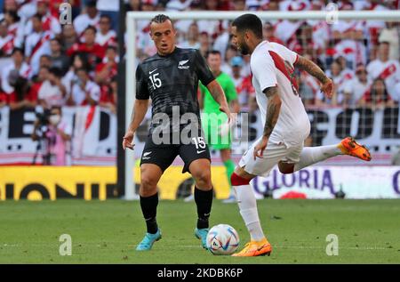 Alexander Callens and Clayton Lewis during the friendly match between Peru and New Zeland, played at the RCDE Stadium, in Barcelona, on 05th June 2022. (Photo by Joan Valls/Urbanandsport /NurPhoto) Stock Photo