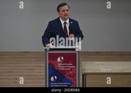 The U.S. Consul General in Krakow, Patrick T. Slowinski, addresses students of the Faculty of International and Political Studies at the Jagiellonian University in Krakow. On Tuesday, June 07, 2022, in Krakow, Poland. (Photo by Artur Widak/NurPhoto) Stock Photo
