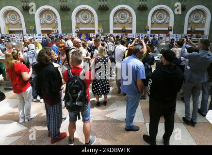 People queue to cancellation of a new set of commemorative postal service stamps dedicated to the Ukrainian resistance, amid Russia's invasion of Ukraine, at main postal office in Odesa, Ukraine 10 June 2022. The new set of postal stamps ''Assol is no the same anymore'' is a like unofficial sequel of set of Ukraine's postage stamps 'Russian warship - Done!'. The postage stamps are issued by a private initiative in a limited edition in 400 pieces and has traditionally caused a stir among Ukrainians, as local media informed. The collected funds from the sale of the new postage marks will be used Stock Photo
