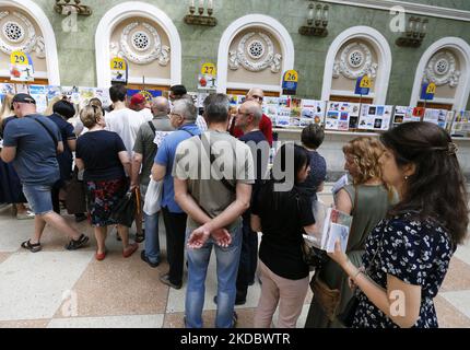 People queue to cancellation of a new set of commemorative postal service stamps dedicated to the Ukrainian resistance, amid Russia's invasion of Ukraine, at main postal office in Odesa, Ukraine 10 June 2022. The new set of postal stamps ''Assol is no the same anymore'' is a like unofficial sequel of set of Ukraine's postage stamps 'Russian warship - Done!'. The postage stamps are issued by a private initiative in a limited edition in 400 pieces and has traditionally caused a stir among Ukrainians, as local media informed. The collected funds from the sale of the new postage marks will be used Stock Photo