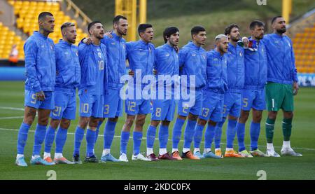 L-R Leonardo Spinazzola of Italy Davide Calabria of Italy Lorenzo Pellegrini of Italy Federico Gatti of Italy Matteo Pessina of Italy Sandro Tonali of Italy Giovanni Di Lorenzo of Italy Federico Dimarco of Italy Manuel Locatelli of Italy Francesco Acerbi of Italy and Salvatore Sirigu of Italy during UEFA Nations League - Group A3 between England against Italy at Molineux Stadium, Wolverhampton on 11th June , 2022 (Photo by Action Foto Sport/NurPhoto) Stock Photo