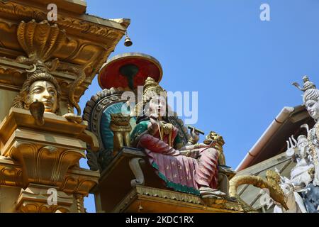 Figures of Hindu deities adorn the Pazhanchira Devi Temple in Thiruvananthapuram (Trivandrum), Kerala, India on May 26, 2022. Sree Pazhanchira Devi Temple is one of the most ancient temples. The temple is almost 700 years old and is an excellent example of Kerala Vasthu Vidya and temple architecture. This heritage structure is placed under the list of monuments of national importance. (Photo by Creative Touch Imaging Ltd./NurPhoto) Stock Photo