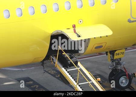 A man loads checked luggage into a Spirit Airlines plane at George Bush Intercontinental Airpot in Houston, Texas on June 13th, 2022. (Photo by Reginald Mathalone/NurPhoto) Stock Photo