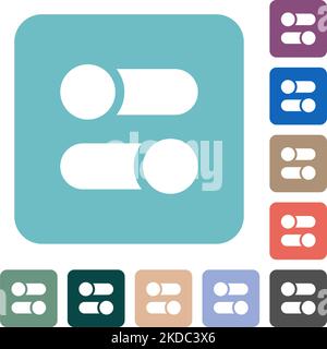 Horizontal toggle switches solid white flat icons on color rounded square backgrounds Stock Vector