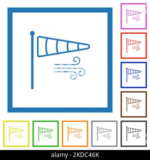 Windsock indicator with wind outline flat color icons in square frames on white background Stock Vector