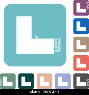 Bottom left angle arrow solid white flat icons on color rounded square backgrounds Stock Vector