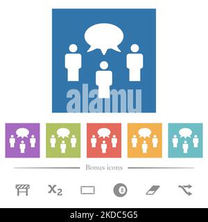 Three talking persons with oval bubble solid flat white icons in square backgrounds. 6 bonus icons included. Stock Vector