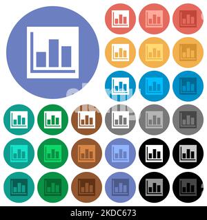 Bar graph statistics solid multi colored flat icons on round backgrounds. Included white, light and dark icon variations for hover and active status e Stock Vector