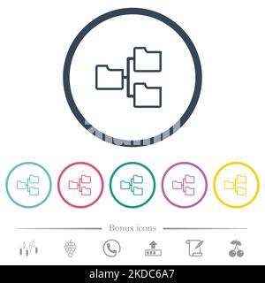 Shared folders outline flat color icons in round outlines. 6 bonus icons included. Stock Vector