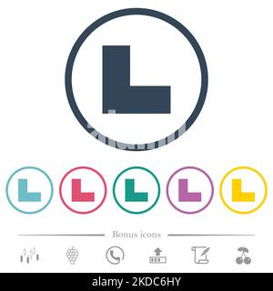 Bottom left angle arrow solid flat color icons in round outlines. 6 bonus icons included. Stock Vector