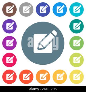 Editing box with pencil solid flat white icons on round color backgrounds. 17 background color variations are included. Stock Vector