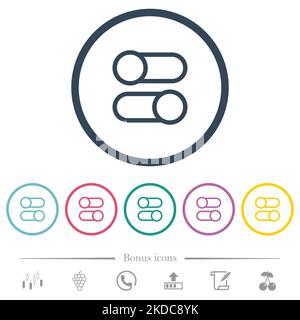 Horizontal toggle switches outline flat color icons in round outlines. 6 bonus icons included. Stock Vector
