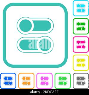 Horizontal toggle switches alternate vivid colored flat icons in curved borders on white background Stock Vector