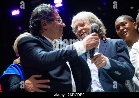 President Elect Gustavo Petro (Left) celebrates with politician and former mayor of Bogota Antanas Mockus (Right) during the campaign celebration of Gustavo Petro who won the second round of presidential elections in Colombia after passing 11 million votes and gaining a difference of 700.000 votes to independent Rodolfo Hernandez in Bogota, Colombia June 19, 2022. (Photo by Sebastian Barros/NurPhoto) Stock Photo