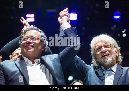 President Elect Gustavo Petro (Left) celebrates with politician and former mayor of Bogota Antanas Mockus (Right) during the campaign celebration of Gustavo Petro who won the second round of presidential elections in Colombia after passing 11 million votes and gaining a difference of 700.000 votes to independent Rodolfo Hernandez in Bogota, Colombia June 19, 2022. (Photo by Sebastian Barros/NurPhoto) Stock Photo