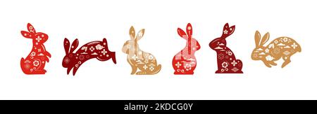 Collection of rabbits, bunnies illustrations. Chinese new year 2023 year of the rabbit - set of traditional Chinese zodiac symbol, illustrations, art Stock Vector
