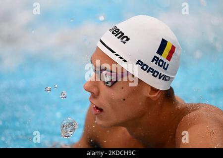 David Popovici of Team Romania prepares to compete in the Men's 100m Freestyle Final on day five of the Budapest 2022 FINA World Championships at Duna Arena on June 22, 2022 in Budapest, Hungary. (Photo by Alex Nicodim/NurPhoto) Stock Photo