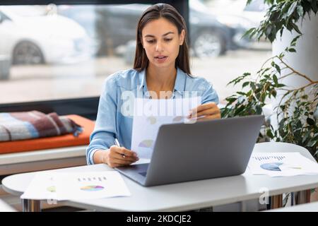 Beautiful woman working using computer laptop, concentrated sitting in modern office, analyzes sales charts, planning Stock Photo