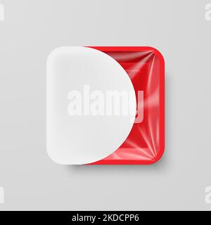 Empty Red Plastic Food Square Container with White Label on Gray Stock Vector