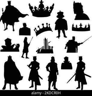 A medieval king silhouettes in different poses with crowns and swords Stock Vector