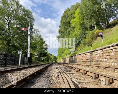 Low Angle View of Goathland Train Station Tracks Stock Photo