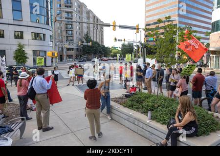 Pro-abortion rights demonstrators with the Party for Socialism and Liberation protest outside of the Arlington General District Court in Arlington, Virginia on June 28, 2022, following the announcement of the overturning of Roe v. Wade the week prior. (Photo by Bryan Olin Dozier/NurPhoto)