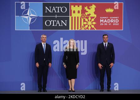 NATO Secretary General Jens Stoltenberg, President of Slovakia Zuzana Caputova and Prime Minister of Spain Pedro Sanchez during the welcome ceremony of the NATO Summit in Madrid, Spain on June 29, 2022. (Photo by Jakub Porzycki/NurPhoto) Stock Photo