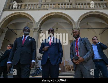 Nuno Gomes Nabiam (C), Prime Minister of Guinea-Bissau and Fidelis Forbs (L), Minister of Public Works, Housing and Urban Planning of Guinea-Bissau during the visit of Wawel Castle in Krakow. Both politicians traveled to Poland to take part in a major United Nations conference on urban development in Katowice this week. On Wednesday, June 29, 2022, in Wawel Castle, Krakow, Poland. (Photo by Artur Widak/NurPhoto) Stock Photo