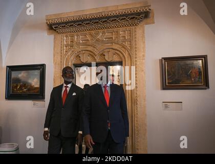 Nuno Gomes Nabiam (R), Prime Minister of Guinea-Bissau and Fidelis Forbs (L), Minister of Public Works, Housing and Urban Planning of Guinea-Bissau during the visit of Wawel Castle in Krakow. Both politicians traveled to Poland to take part in a major United Nations conference on urban development in Katowice this week. On Wednesday, June 29, 2022, in Wawel Castle, Krakow, Poland. (Photo by Artur Widak/NurPhoto) Stock Photo