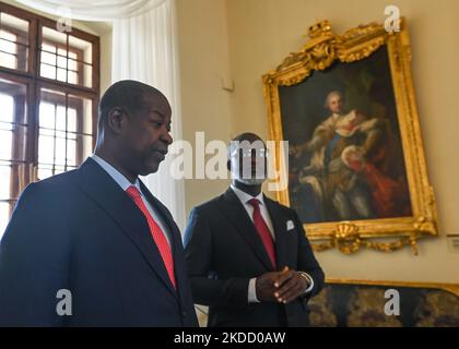 Nuno Gomes Nabiam (L), Prime Minister of Guinea-Bissau and Fidelis Forbs (R), Minister of Public Works, Housing and Urban Planning of Guinea-Bissau during the visit of Wawel Castle in Krakow. Both politicians traveled to Poland to take part in a major United Nations conference on urban development in Katowice this week. On Wednesday, June 29, 2022, in Wawel Castle, Krakow, Poland. (Photo by Artur Widak/NurPhoto) Stock Photo