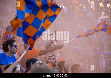 FC Cincinnati fans celebrate after a goal during a Major League Soccer match between FC Cincinnati and New York FC that ended in a 4-4 tie at TQL Stadium in Cincinnati, Ohio. Wednesday, June 29, 2022. (Photo by Jason Whitman/NurPhoto) Stock Photo