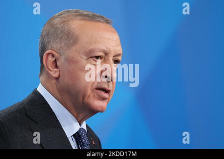 President of the Republic of Turkiye Recep Tayyip Erdogan during the press conference on the final day of the NATO Summit in Madrid, Spain on June 30, 2022. (Photo by Jakub Porzycki/NurPhoto) Stock Photo