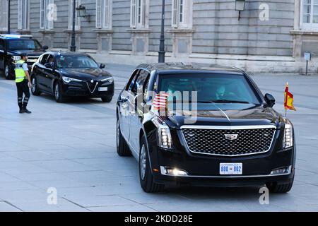 US presidential car called 'The Beast' arrives to the the Royal Palace during the NATO Summit in Madrid, Spain on June 28, 2022. (Photo by Jakub Porzycki/NurPhoto) Stock Photo