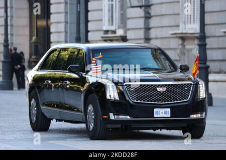 US presidential car called 'The Beast' arrives to the the Royal Palace during the NATO Summit in Madrid, Spain on June 28, 2022. (Photo by Jakub Porzycki/NurPhoto) Stock Photo