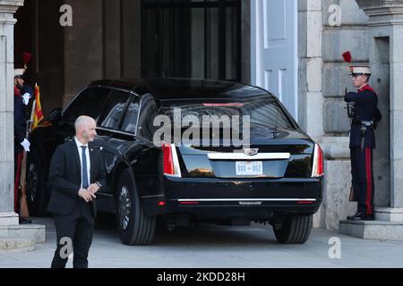 US presidential car called 'The Beast' arrives to the the Royal Palace during the NATO Summit in Madrid, Spain on June 28, 2022. (Photo by Jakub Porzycki/NurPhoto) Stock Photo