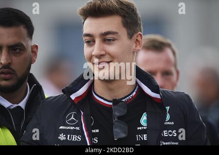 George Russell of Great Britain and Mercedes AMG Petronas during practice ahead of the F1 Grand Prix of Great Britain at Silverstone on July 1, 2022 in Northampton, United Kingdom. (Photo by Jose Breton/Pics Action/NurPhoto) Stock Photo