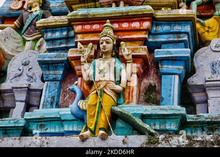 Figure of Lord Murgan adorns the Kuzhanthai Velappar Temple (Arulmigu Kuzhanthai Velappar Thirukkovil) located in the Poombarai Village in Kodaikanal, Tamil Nadu, India, on May 17, 2022. The temple is over 3000 years old was consecrated by his holiness Bhogar. (Photo by Creative Touch Imaging Ltd./NurPhoto) Stock Photo